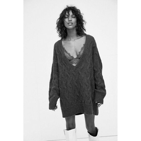 NWT FREE PEOPLE Sz S JUNE CABLE V NECK SWEATER LONGLINE SLOUCHY KNIT TUNIC - Picture 5 of 5